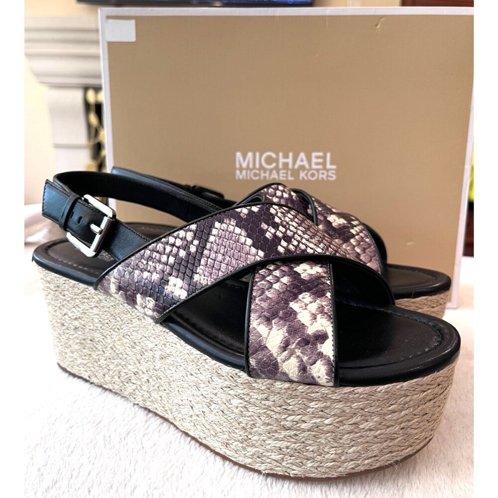 Michael Kors NEW Jodi Mid Wedge Size 9 Leather Snake Espadrille Platform Sandal - Picture 3 of 14